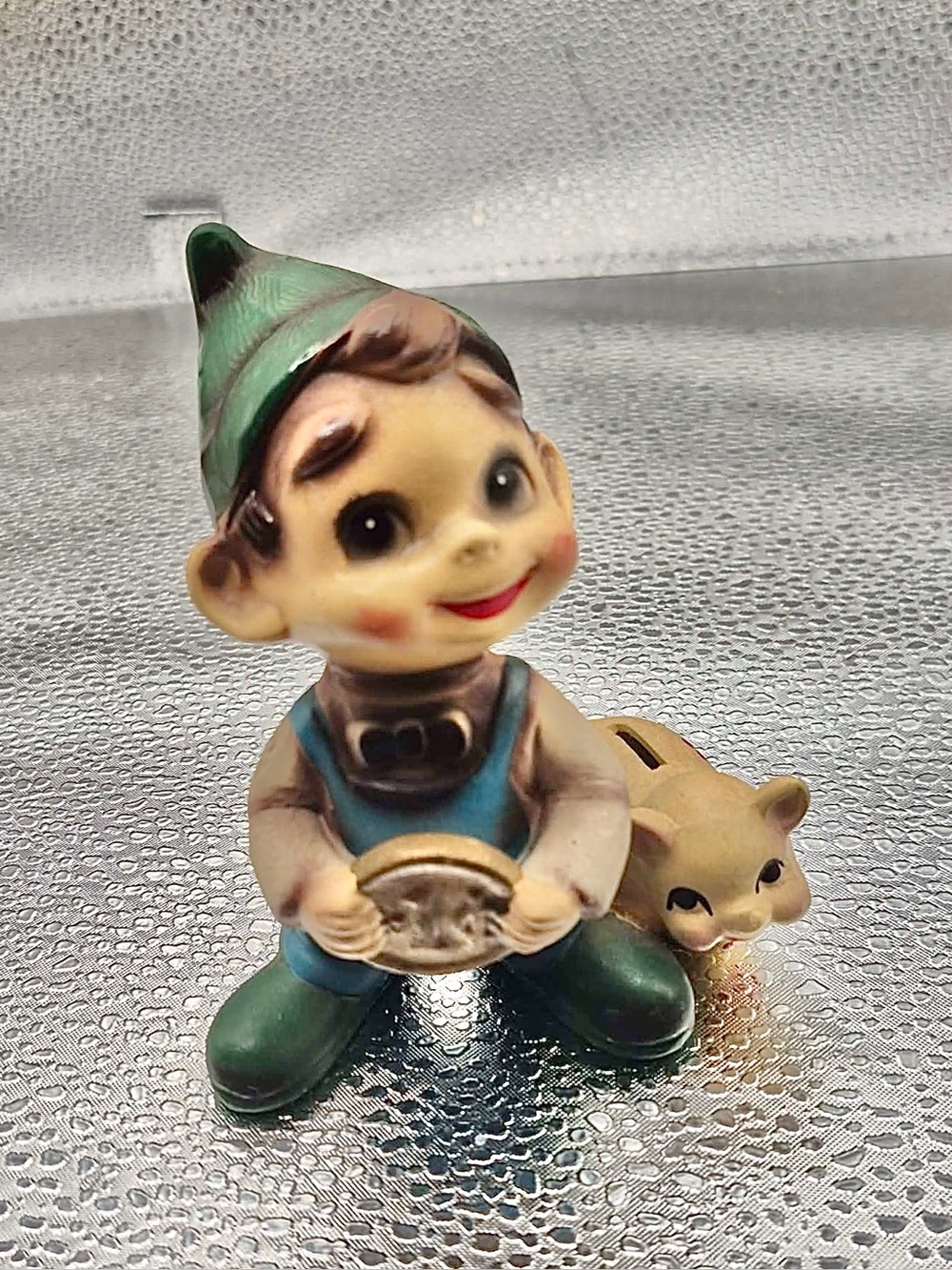 Josef Originals Pixie or Gnome - Vintage 1960s Elf with Miniature Piggy Bank